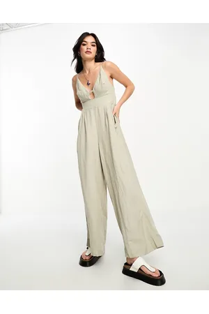 Free People Tuta jumpsuit salvia chiaro a fondo ampio con scollo profondo