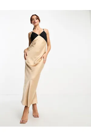 River Island Vestito sottoveste lungo beige color block