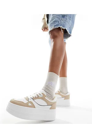 London Rebel London Rebel - Sneakers flatform a pannelli bianche e beige a pianta larga