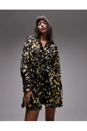 Topshop Vestito camicia corto allacciato in vita verde con stampa animalier