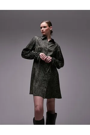 Topshop Vestito camicia corto con maniche arricciate con stampa animalier