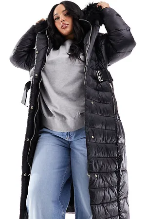 River Island Piumino lungo con pelliccia sintetica sul cappuccio e cintura