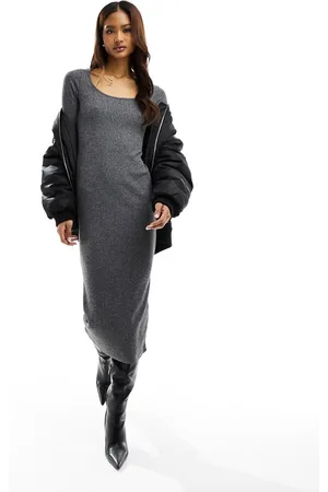 New Look Vestito midi con scollo rotondo a maniche lunghe scuro