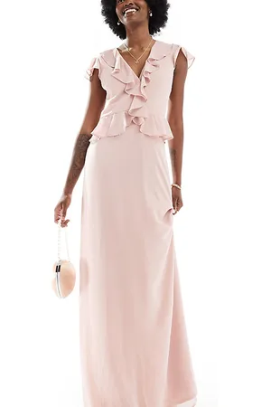 TFNC Vestito lungo da damigella in chiffon malva con volant