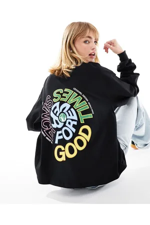Dr Denim Maglietta a maniche lunghe vestibilità comoda nera con stampa "Good Times Since Forever" sul retro