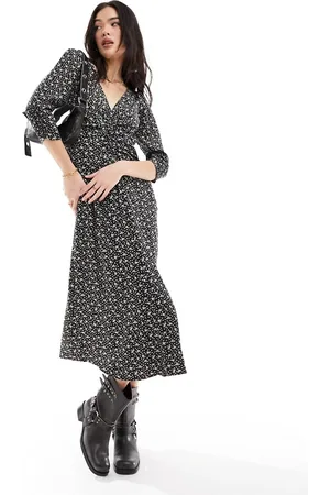 & OTHER STORIES Vestito midi monocromatico a fiori con scollo a V e arricciature davanti