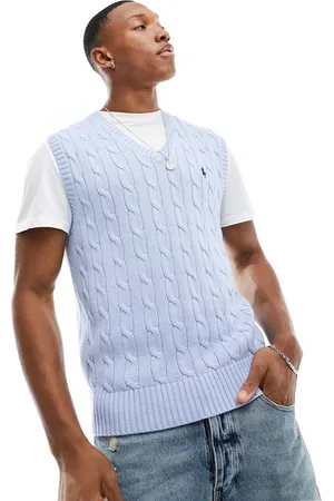 Ralph Lauren Canotta lavorata in cotone a trecce azzurro con logo