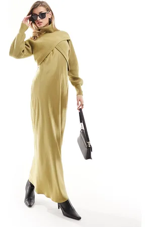 River Island Vestito midi ibrido in raso kaki