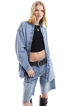 Monki Camicia in denim oversize lavaggio screziato