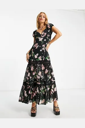 ASOS Vestito lungo nero a fiori con pinces e inserti in pizzo