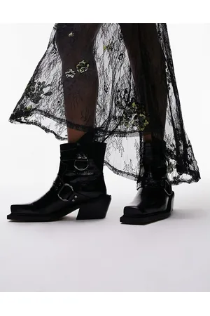 Topshop Roxy - Stivali stile biker western in pelle premium neri effetto coccodrillo
