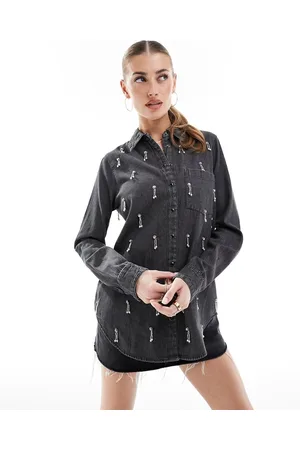 River Island Camicia di jeans grigia decorata