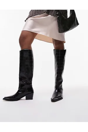 Topshop Rio - Stivali al ginocchio stile western in pelle color cioccolato effetto coccodrillo