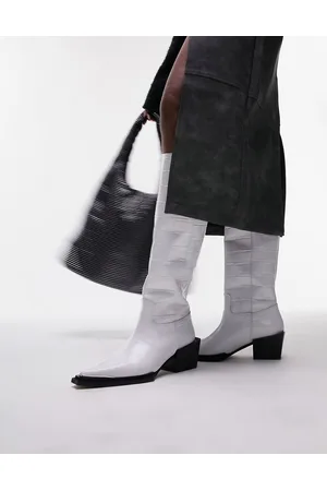 Topshop Rio - Stivali al ginocchio stile western in pelle bianchi effetto coccodrillo