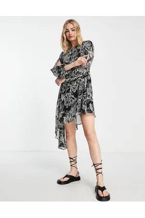 Topshop Vestito corto asimmetrico con laccetti laterali a fiori bianco e nero