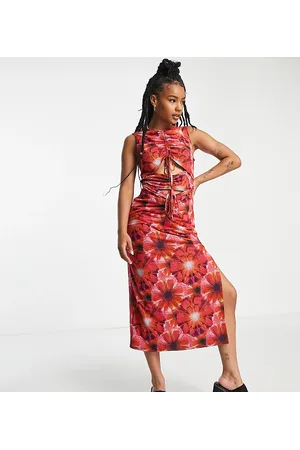 Topshop Vestito midi in rete a fiori arricciato