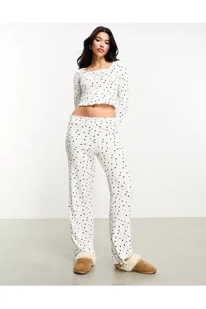 Boux Avenue Pigiama color avorio a coste con stampa a cuori composto da top e pantaloni a fondo ampio