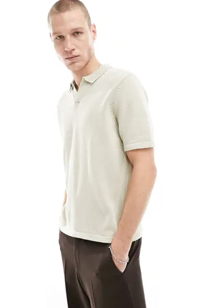 ASOS Polo in maglia di cotone di media pesantezza color pietra con intaglio sullo scollo