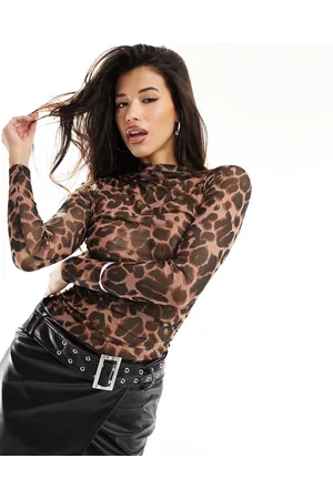 ASOS Body accollato arricciato in rete con stampa animalier leopardata