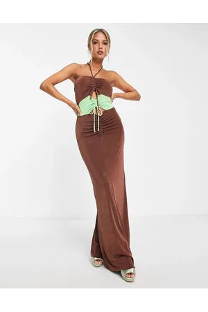 Topshop Vestito lungo sinuoso allacciato al collo cioccolato color block con cut-out
