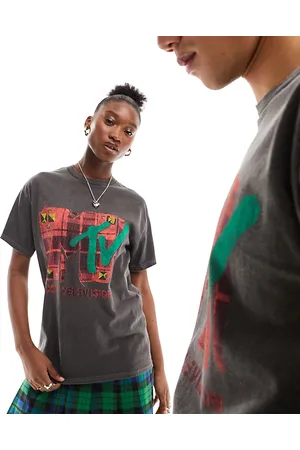 Reclaimed T-shirt unisex antracite slavato con stampa MTV su licenza