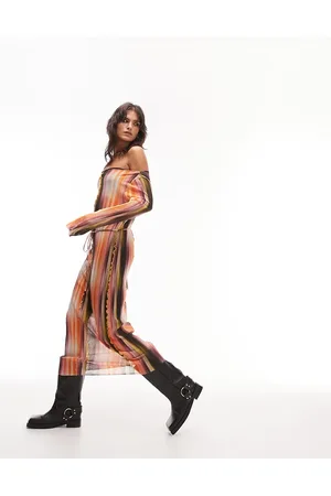 Topshop Vestito midi in jersey plissé a righe sfumate