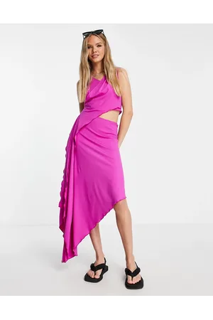 Topshop Vestito midi in jersey magenta con fondo smerlato asimmetrico e cut-out