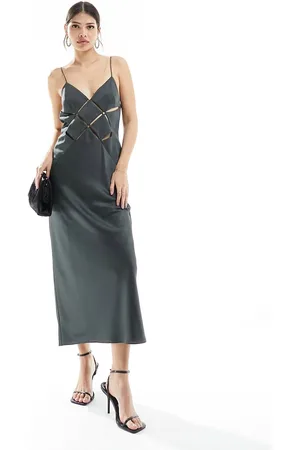 ASOS Vestito midi antracite in raso con cut-out e spalline sottili
