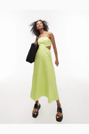 Topshop Vestito midi color lime con bordi smerlati