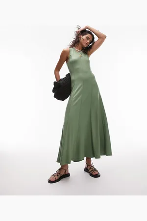 Topshop Vestito a colonna midi in jersey kaki con cuciture a contrasto