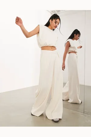 ASOS Pantaloni premium con fondo ampio in jersey crema testurizzato con fascia in vita asimmetrica