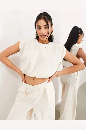 ASOS Crop top in jersey premium testurizzato color crema con risvolto sulle maniche