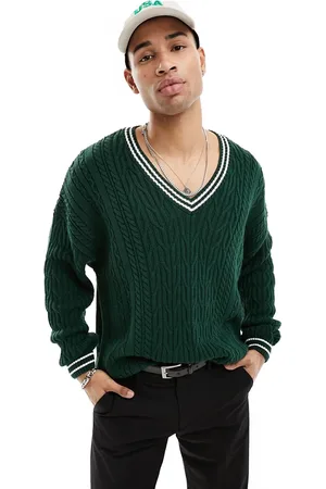 ASOS Maglione oversize in maglia a trecce stile cricket con bordi bianchi