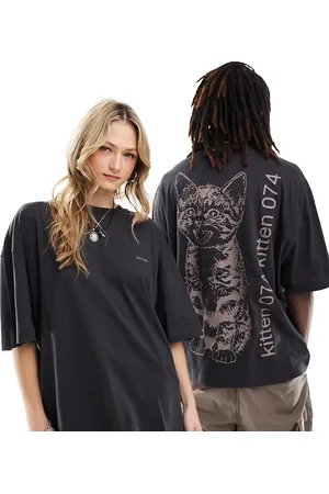 COLLUSION Unisex - T-shirt antracite vestibilità skater con stampa di gatto