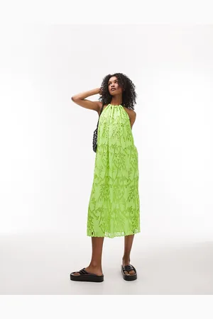 Topshop Vestito midi lime ricamato allacciato al collo