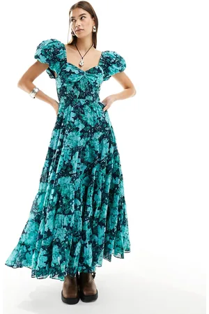 Free People Vestito lungo a balze con maniche a sbuffo e stampa floreale blu e