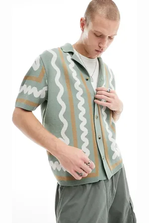 ASOS Polo comoda in maglia grigia e blu con bottoni e motivo sul bordo