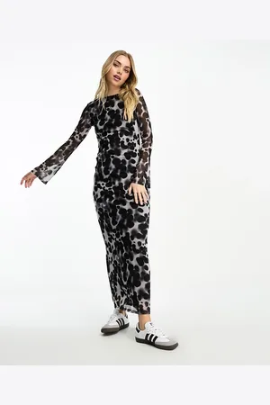 ASOS Vestito lungo in rete con scollo profondo sul retro, maniche a pipistrello e stampa animalier