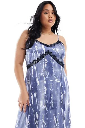 VERO MODA Vestito sottoveste lungo in raso con stampa effetto stropicciato e finiture in pizzo
