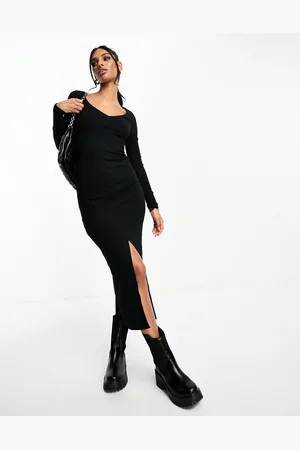 ASOS Vestito midi a maniche lunghe a coste con scollo a V e spacco sul davanti