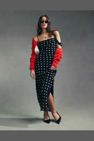 ASOS Vestito sottoveste midi monospalla con spalline sottili monocromatico a pois