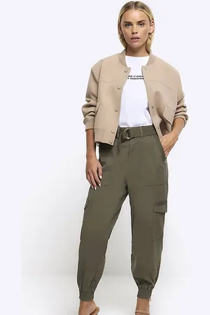 River Island Pantaloni cargo kaki scuro con cintura, fondo elasticizzato e finiture oro
