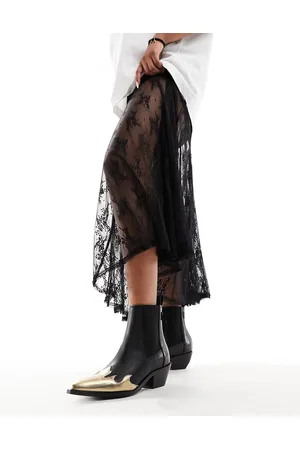 AllSaints Dellaware - Stivaletti alla caviglia in pelle neri con fiamma oro sulla punta
