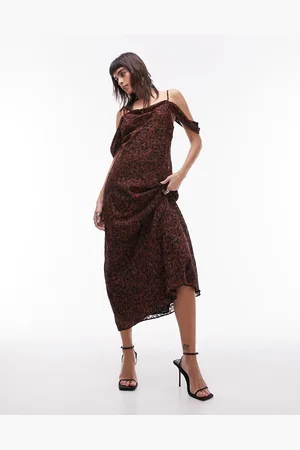 Topshop Vestito midi premium con spalline sottili e spalle scoperte animalier jacquard
