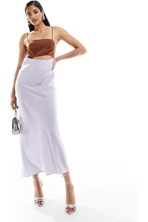 ASOS Vestito midi in raso color block lilla con corpino cioccolato e cut-out