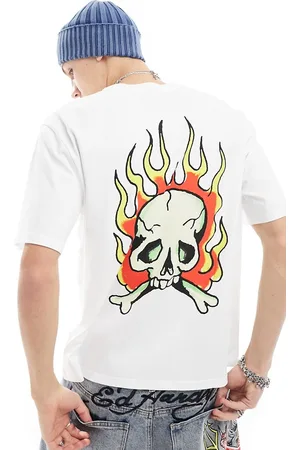ED HARDY T-shirt oversize con logo frontale e teschio infiammato sul retro