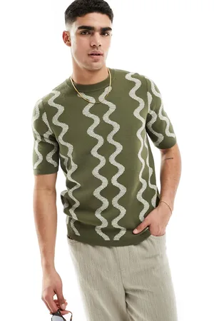 ASOS T-shirt girocollo in maglia testurizzata kaki con motivo ondulato