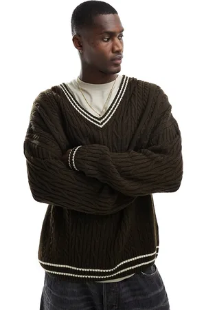 ASOS Maglione oversize in maglia a trecce stile cricket con righe color crema sui bordi