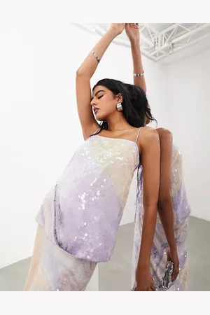 ASOS Top a canottiera taglio lungo con paillettes viola con stampa astratta in coordinato