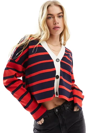 ASOS Cardigan in maglia rosso e blu navy a righe a contrasto